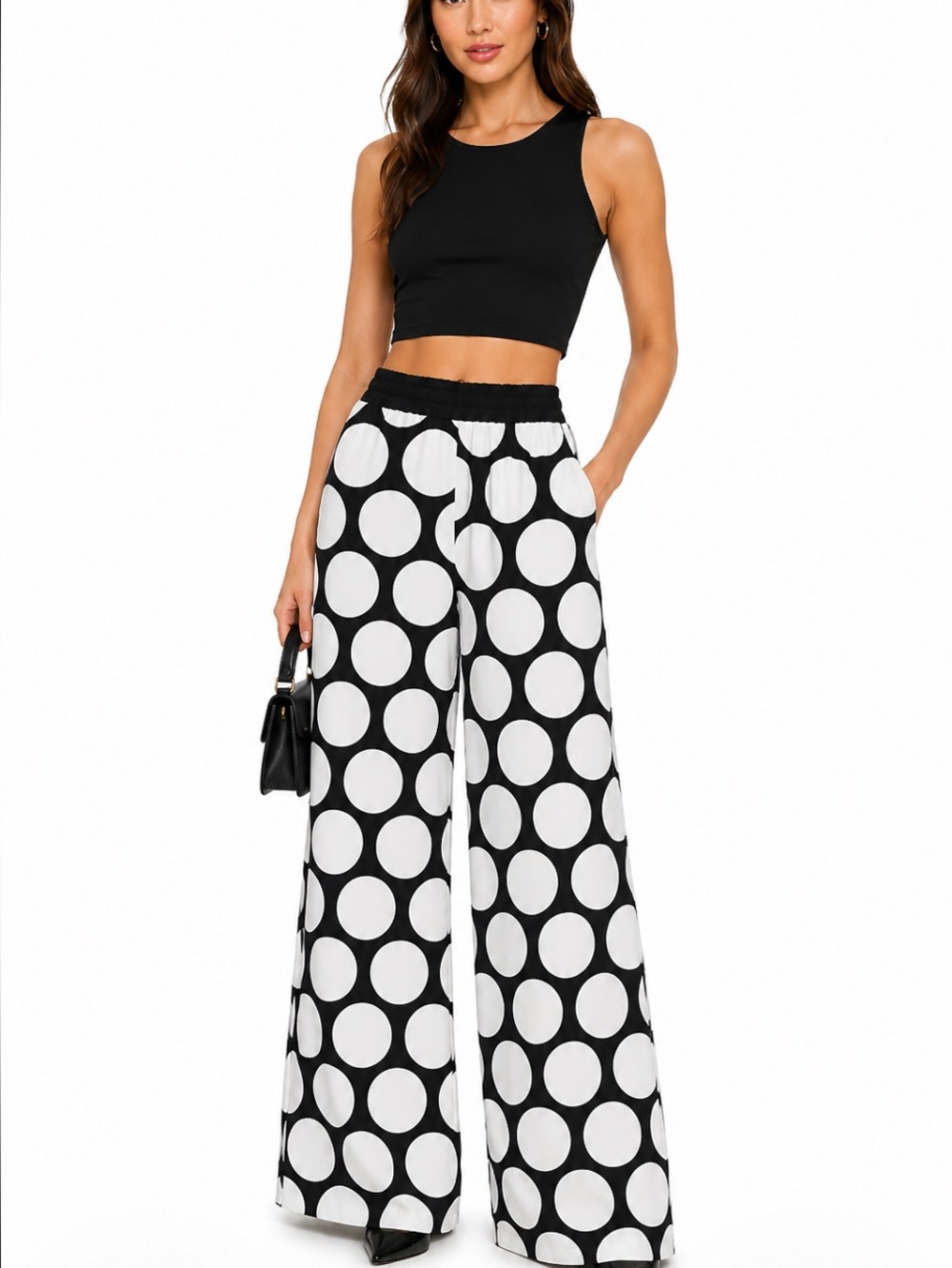 POLKA DOT Black & White High Waisted Wide-Leg Pants NIB